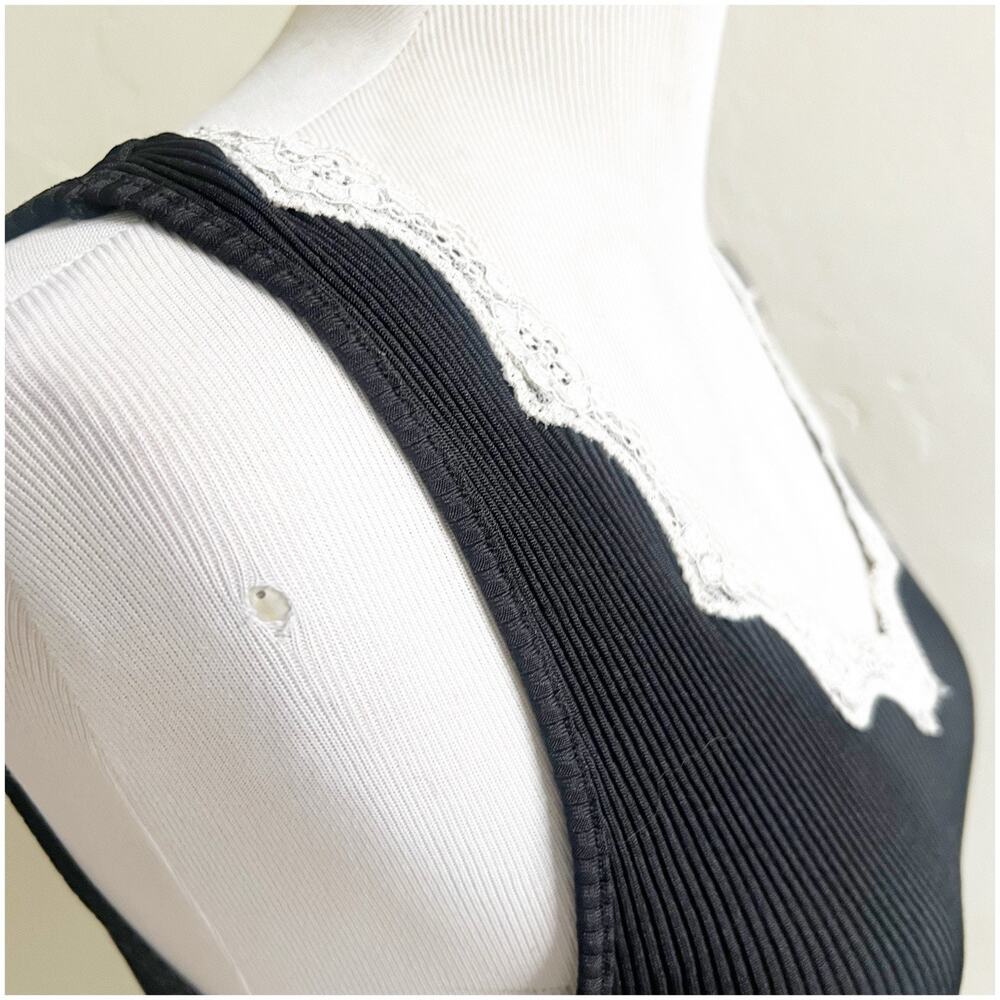 Lace Trim Ribbed Camisole Tank Black Cream Y2K Size M/L Fairy Grunge - Picture 8 of 9